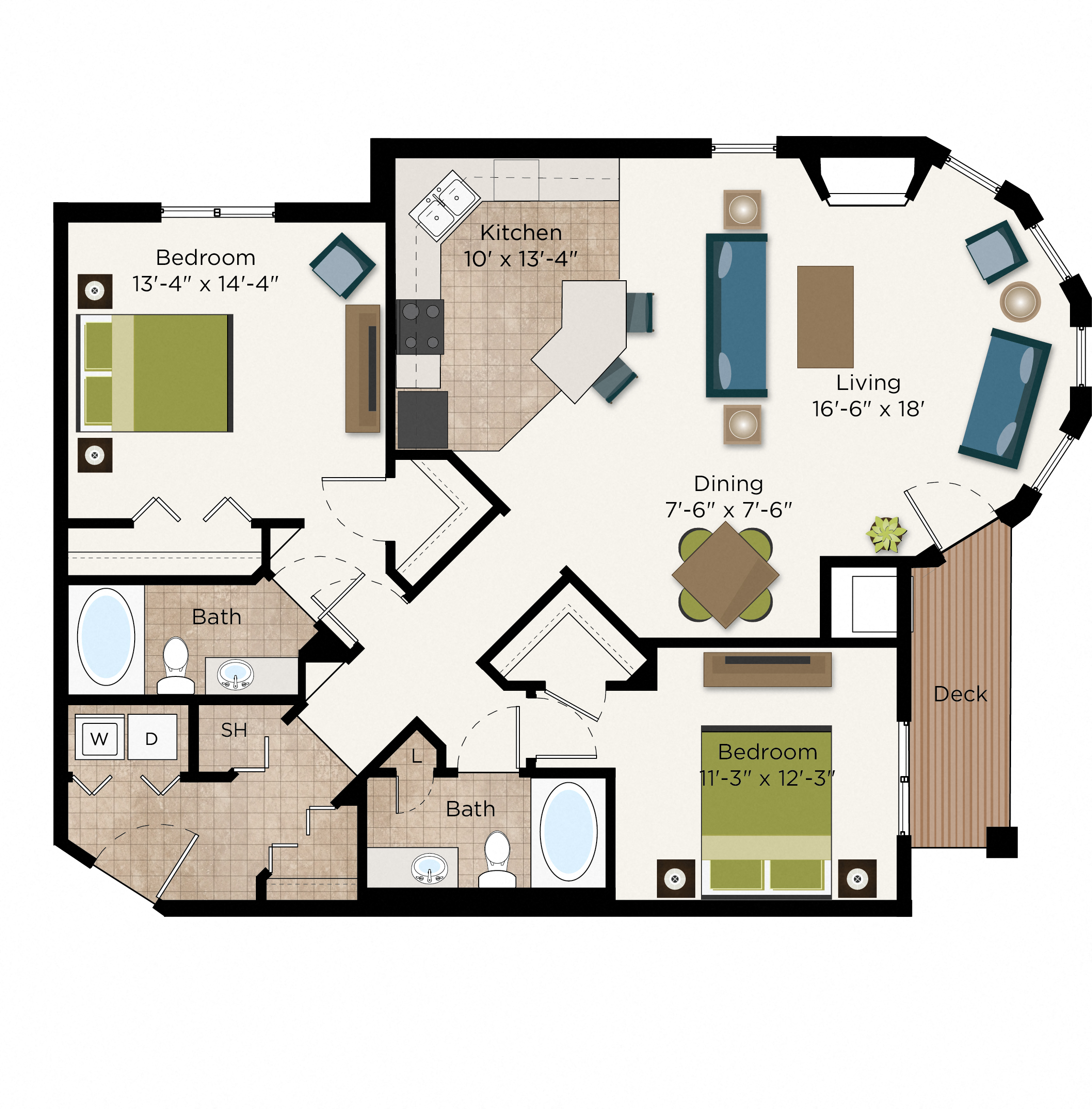 Floor plan for 2 beds, 2 baths, 1375 sqft
